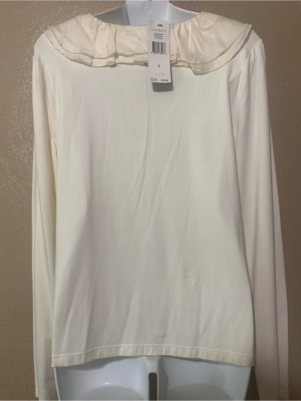 Ralph Lauren Lauren size L Cream Ruffle V-Neck Long Sleeve Top NWT - Picture 4 of 5